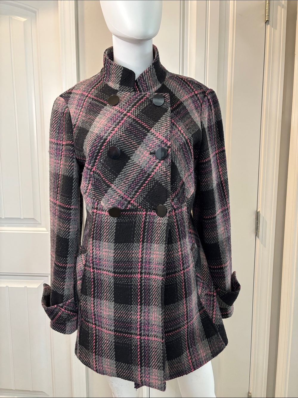 Chadwickβs Black & Pink Plaid Double-Breasted Pea Coat Size 10